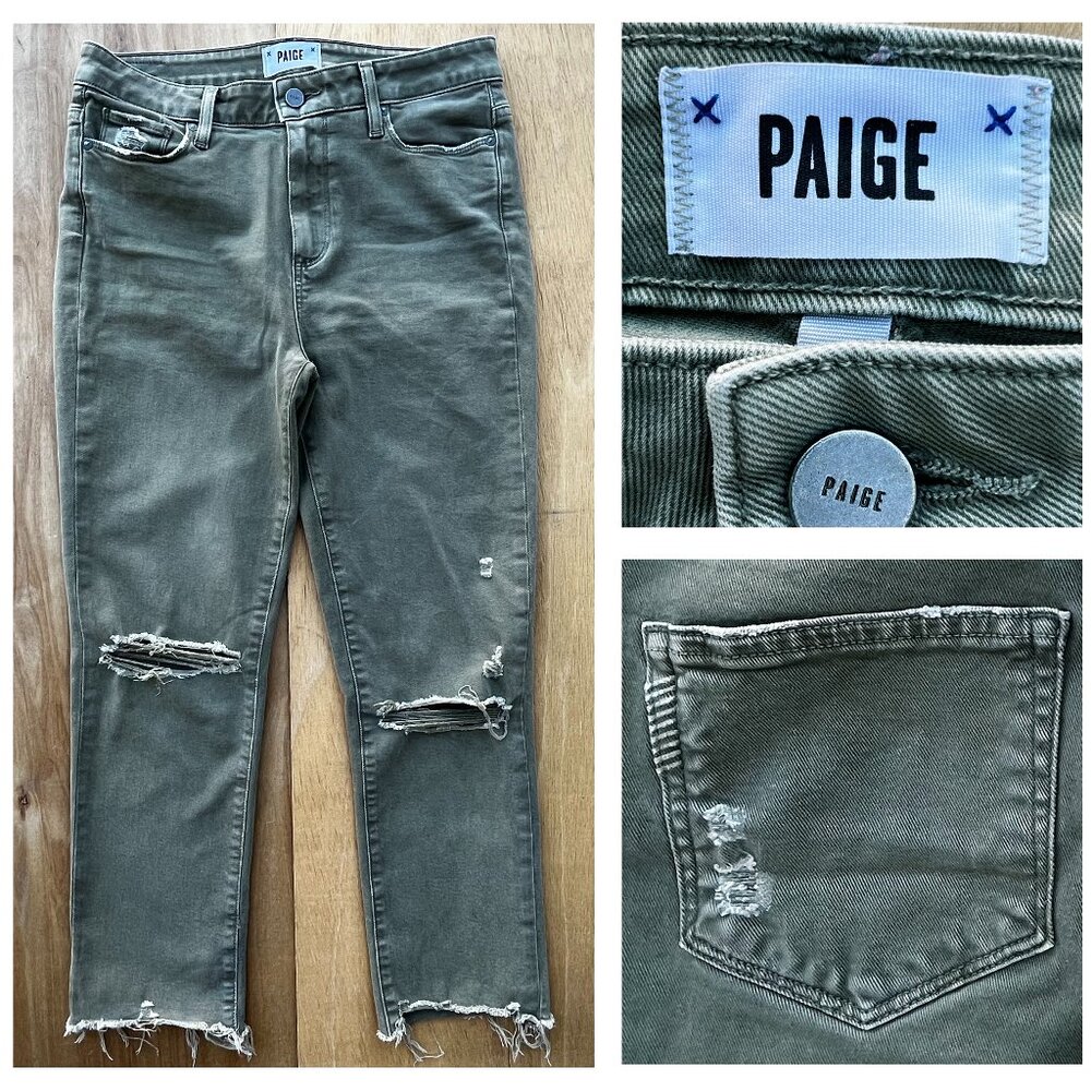PAIGE HOXTON SLIM CROP HIGH RISE FRAYED HEM WOMEN’S JEANS sz 29 Khaki Green